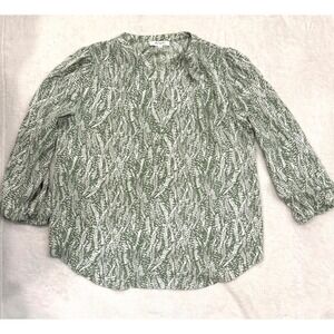 Monday Fun Green White Leaf Print Split Neck Button Front Blouse FT66036S Large